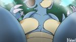  anthro anthrofied b-intend bodily_fluids brown_nipples claws detailed_background faceless_female female light nidoqueen nintendo nipples nude outside pok&eacute;mon pok&eacute;mon_(species) solo sunlight sweat video_games 