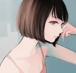  1girl absurdres bob_cut brown_hair expressionless grey_background grey_eyes hand_up highres huge_filesize original pink_tank_top richard_(ri39p) short_hair solo tank_top upper_body 