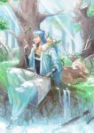  1boy animal belt blue_hair bracelet branch capelet closed_eyes closed_mouth cu_chulainn_(fate)_(all) cu_chulainn_(fate/grand_order) deer earrings fairy fate/grand_order fate_(series) forest fur-trimmed_hood fur_trim hood hood_down hooded_capelet horns jewelry kahunout leaf long_hair male_focus nature open_toe_shoes outdoors pants red_eyes smile solo spiked_hair sunlight type-moon water 