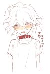  1boy animal_collar bangs blush brown_eyes collar collarbone commentary_request crying crying_with_eyes_open danganronpa_(series) danganronpa_2:_goodbye_despair io_(sinking=carousel) komaeda_nagito male_focus medium_hair messy_hair open_mouth red_collar shirt short_sleeves simple_background solo t-shirt tearing_up tears translation_request upper_body white_background white_shirt 
