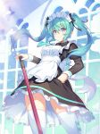  1girl black_dress cowboy_shot dress floating_hair green_hair hair_between_eyes hair_ribbon hand_on_hip hatsune_miku indoors liem_(zero854) long_hair looking_at_viewer maid maid_headdress necktie ribbon sidelocks smile solo standing thighhighs twintails vocaloid white_legwear window 