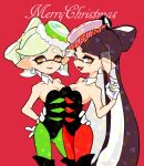  +_+ 2girls adapted_costume arm_around_waist bangs black_gloves black_hair black_leotard boots breasts brown_eyes callie_(splatoon) champagne_flute christmas cleavage closed_mouth collar commentary cousins cup detached_collar domino_mask drinking_glass earrings english_text food food_on_head gloves green_legwear hand_on_hip holding holding_cup imaikuy0 jewelry leotard lips long_hair looking_at_viewer marie_(splatoon) mask medium_breasts merry_christmas mole mole_under_eye multiple_girls object_on_head open_mouth pointy_ears red_background red_footwear short_hair side-by-side silver_hair simple_background smile sparkle splatoon_(series) splatoon_1 standing strapless strapless_leotard swept_bangs symbol_commentary tentacle_hair thigh_boots thighhighs tied_hair very_long_hair white_collar white_gloves 