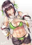  1girl abs absurdres bikini bikini_under_clothes black_hair breasts bun_cover chainsaw_of_the_dead double_bun fate/grand_order fate_(series) green_bikini green_eyes highres huge_filesize jacket jacket_on_shoulders kuromu large_breasts off_shoulder qin_liangyu_(fate) short_shorts shorts sidelocks signature swimsuit swimwear 