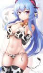 1girl absurdres animal_ears animal_print bare_shoulders bell bikini blue_hair blush breasts cleavage cow_ears cow_girl cow_print cow_tail cowbell cowboy_shot ear_tag elbow_gloves ganyu_(genshin_impact) genshin_impact gloves goat_horns half-closed_eyes hands_on_own_chest highres horns large_breasts looking_at_viewer nahanmin navel purple_eyes side-tie_bikini solo swimsuit tail thick_thighs thighhighs thighs white_bikini 