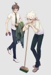  2boys absurdres ahoge aji_kosugi broom brown_eyes brown_hair commentary_request danganronpa_(series) danganronpa_2:_goodbye_despair full_body green_eyes green_neckwear grey_background highres hinata_hajime holding holding_clothes holding_jacket huge_filesize jacket jacket_removed komaeda_nagito leaning_forward looking_at_another male_focus medium_hair multiple_boys necktie open_mouth pants shirt shoes short_sleeves simple_background smile standing striped teeth white_hair white_shirt 