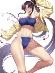  1girl :d arm_up armpits bangs bare_shoulders bikini black_hair blue_bikini blue_eyes blunt_bangs blush breasts collarbone commentary_request eyebrows_visible_through_hair fate/grand_order fate_(series) groin highres impossible_clothes impossible_swimsuit jacket jacket_over_swimsuit large_breasts long_hair looking_at_viewer midriff nasaniliu navel off_shoulder open_mouth parted_bangs side_ponytail sidelocks simple_background sleeves_past_wrists smile solo swimsuit upper_teeth ushiwakamaru_(fate/grand_order) ushiwakamaru_(swimsuit_assassin)_(fate) very_long_hair white_background yellow_jacket 