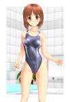  1girl absurdres bangs bathroom blurry breasts brown_eyes brown_hair collarbone competition_swimsuit contrapposto covered_navel depth_of_field girls_und_panzer grey_swimsuit highleg highleg_swimsuit highres looking_at_viewer medium_breasts nishizumi_miho one-piece_swimsuit parted_lips plant potted_plant short_hair solo standing swimsuit takafumi tile_wall tiles 
