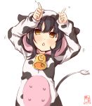  1girl alternate_costume animal_costume animal_hood animal_print artist_logo bell black_hair brown_eyes commentary_request cow_costume cow_hood cow_print cow_tail cowbell dated highres hood hood_up hoodie horns_pose kanon_(kurogane_knights) kantai_collection light_blush long_hair mikazuki_(kantai_collection) open_mouth print_hoodie simple_background solo tail white_background 