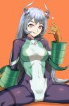  1girl absurdres bangs blue_eyes blue_hair bodysuit boku_no_hero_academia breasts commentary_request covered_collarbone covered_navel drill_hair gloves hadou_nejire hair_horns heart highres large_breasts long_hair looking_at_viewer open_mouth orange_gloves rasupekuto red_background simple_background smile solo spread_legs superhero twin_drills very_long_hair 