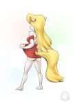  2020 animaniacs anthro blonde_hair butt clothed clothing clothing_lift digital_media_(artwork) dress dress_lift female fur genitals hair hi_res long_hair mammal minerva_mink mink mustelid musteline mysticalpha pussy rear_view red_clothing red_dress signature simple_background solo standing text url warner_brothers white_body white_fur yellow_tail 