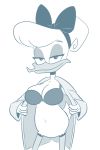  2020 accessory anatid anseriform anthro avian beak bird bottomless bra breasts cleavage clothed clothing coat daisy_duck disney duck ducktales ducktales_(2017) female hair_accessory hair_bow hair_ribbon looking_at_viewer monochrome narrowed_eyes navel non-mammal_breasts presenting ribbons scobionicle99 simple_background solo topwear trenchcoat underwear undressing white_background 