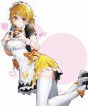  1girl blonde_hair bow bowtie brown_hair closed_mouth commentary_request eyebrows_visible_through_hair heart heart-shaped_pupils heart_hands highres koizumi_hanayo looking_at_viewer love_live! love_live!_school_idol_project maid maid_headdress mogyutto_&quot;love&quot;_de_sekkin_chuu! nakano_maru orange_neckwear pink_eyes short_hair smile solo symbol-shaped_pupils thighhighs thighs white_background white_legwear 