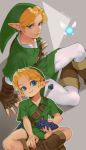  2boys blonde_hair blue_eyes boots brown_footwear earrings fairy from_above green_headwear green_shorts grey_background hat holding holding_instrument instrument iva_(sena0119) jewelry knee_boots link looking_at_viewer male_focus multiple_boys multiple_persona navi ocarina pointy_ears shorts sitting smile sword the_legend_of_zelda the_legend_of_zelda:_ocarina_of_time twitter_username weapon weapon_on_back white_legwear young_link 