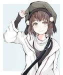  1girl beret black_headwear black_shirt border brown_eyes brown_hair commentary_request dairyo3 grey_background hat highres jacket kantai_collection looking_at_viewer naka_(kantai_collection) official_alternate_costume shirt short_hair solo strap sweater two-tone_background upper_body white_border white_jacket white_sweater 