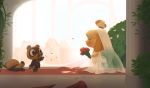  2021 absurd_res animal_crossing anthro biped blush bouquet breasts bride canid canine canis clothed clothing digby_(animal_crossing) domestic_dog dress felyn female flower flower_petals fully_clothed fur group hi_res isabelle_(animal_crossing) mammal nintendo petals plant rose_(flower) rose_petals shih_tzu timmy_nook tommy_nook toy_dog video_games wedding wedding_dress wedding_veil yellow_body yellow_fur 