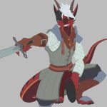  anthro armor clothing dragon flaccid foreskin gambeson gariyuu genitals gloves grin hair handwear hi_res horn knee_pads male melee_weapon pauldron penis poking_out red_body red_scales scales scalie simple_background smile solo sword uncut velrizoth weapon white_hair 