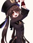  1girl :d arms_up black_shorts bound bound_wrists brown_hair chinese_clothes genshin_impact half-closed_eyes hat highres hu_tao long_hair long_sleeves looking_at_viewer ohpe open_mouth red_eyes rope shorts smile solo symbol-shaped_pupils tied_up twintails 