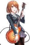  1girl absurdres black_legwear blazer blue_neckwear blue_skirt blush brown_eyes brown_hair collared_shirt electric_guitar guitar highres hirasawa_yui holding holding_instrument instrument jacket k-on! les_paul long_sleeves looking_at_viewer necktie neon_(hhs9444) open_mouth pantyhose pleated_skirt plectrum sakuragaoka_high_school_uniform school_uniform shirt short_hair skirt smile solo standing uniform white_background white_shirt 