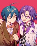  2boys absurdres ahoge arm_around_shoulder artist_name bangs bow bowtie brown_bow checkered checkered_neckwear collared_shirt commentary_request danganronpa_(series) danganronpa_v3:_killing_harmony ewa_(seraphhuiyu) green_hair highres jacket looking_at_viewer male_focus multiple_boys official_alternate_costume open_mouth ouma_kokichi pink_eyes pink_shirt plaid plaid_vest purple_hair red_background saihara_shuuichi shiny shiny_hair shirt short_hair simple_background smile upper_body upper_teeth vest white_jacket white_vest 