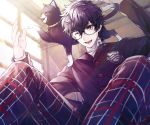  1boy absurdres amamiya_ren animal arms_up bangs black_cat black_hair black_jacket black_pants blazer cat cowboy_shot eyebrows_visible_through_hair glasses hair_between_eyes highres indoors jacket long_sleeves morgana_(persona_5) one_eye_closed open_mouth pants persona persona_5 plaid plaid_pants school_uniform shirt short_hair shuujin_academy_uniform sitting smile white_shirt window yuu_(isis7796) 