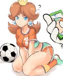  1boy 1girl :/ ? alternate_costume ass ball between_legs blue_eyes breasts brown_hair closed_eyes crown earrings eyebrows_visible_through_hair hand_between_legs highres jewelry luigi mario_(series) medium_breasts number out_of_frame phone princess_daisy rakeem_garcia-cueto soccer_ball taking_picture 