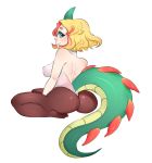  2019 animal_humanoid blonde_hair breasts butt clothed clothing female green_eyes hair hi_res humanoid legwear looking_back pantyhose rear_view scalie scalie_humanoid simple_background solo translucent translucent_clothing webvampi white_background 