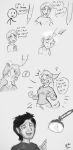  ? anthro artbyyellowdog breasts canid canine clothed clothing comic creating_art dialogue duo english_text female fully_clothed fur greyscale hair human human_to_anthro humor male mammal meme monochrome open_mouth open_smile shirt signature smile species_transformation speech_bubble t-shirt text topwear transformation 