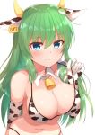  animal_ears animal_print arm_behind_back bangs bell bikini blue_eyes bra breasts cleavage closed_mouth cow_ears cow_horns cow_print detached_collar ear_tag elbow_gloves eyebrows_visible_through_hair fake_animal_ears gloves green_hair hair_between_eyes highres holding holding_bra holding_clothes holding_underwear horns kochiya_sanae large_breasts long_hair looking_at_viewer navel simple_background smile solo standing swimsuit tksand touhou underwear upper_body white_background 