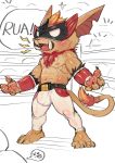 anthro bulge clothing cydonia_xia fur genital_outline gnar_(lol) hi_res league_of_legends male mammal mask muscular muscular_anthro muscular_male nipples open_mouth penis_outline riot_games simple_background solo solo_focus text tongue video_games yordle 