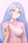  ... 1girl blue_eyes blue_hair boku_no_hero_academia breast_grab breast_lift breasts closed_mouth collared_shirt grabbing hadou_nejire highres large_breasts long_hair looking_at_viewer pink_background pink_shirt pov pov_hands shirt shpo solo_focus speech_bubble spoken_ellipsis upper_body 