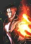  1boy azuma_kyoutarou_(artist) bangs black_background black_vest brown_eyes brown_hair fire hairband highres kusanagi_kyou light_particles long_sleeves open_mouth parted_bangs pyrokinesis shirt short_hair simple_background smile snk solo the_king_of_fighters the_king_of_fighters_xv upper_body v-shaped_eyebrows vest white_hairband white_shirt zipper 