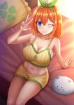  1girl arm_support bangs bare_arms bare_shoulders blush breasts cleavage collarbone commentary crop_top crossover curtains day eyebrows_visible_through_hair fang frilled_pillow frills from_above go-toubun_no_hanayome gochuumon_wa_usagi_desu_ka? green_ribbon grin hair_between_eyes hair_ribbon hand_up highres indoors kazenokaze large_breasts midriff nail_polish nakano_yotsuba navel on_bed one_eye_closed orange_hair pillow purple_eyes ribbon short_shorts shorts sitting sitting_on_bed smile sunlight tippy_(gochiusa) w yellow_nails yellow_shorts 