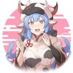  1girl animal_ears animal_print bangs bare_shoulders bikini blue_hair blush breasts cleavage cow_ears cow_girl cow_hat cow_horns cow_print draph ear_piercing egasumi granblue_fantasy hinami_(hinatamizu) horns large_breasts long_hair looking_at_viewer open_mouth piercing shatola_(granblue_fantasy) sheer_clothes swimsuit white_bikini wide_sleeves yellow_eyes 