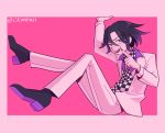 1boy black_hair bright_pupils ceni checkered checkered_neckwear danganronpa_(series) danganronpa_v3:_killing_harmony fang formal hair_between_eyes highres jacket long_sleeves looking_at_viewer male_focus official_alternate_costume open_mouth ouma_kokichi pant_suit purple_eyes purple_hair purple_nails short_hair simple_background sitting smile solo suit vest white_pupils 