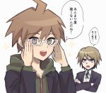  2boys :d ahoge aji_kosugi annoyed bangs bespectacled black_jacket blonde_hair blue_eyes brown_eyes brown_hair collared_shirt commentary_request cropped_torso crossed_arms danganronpa:_trigger_happy_havoc danganronpa_(series) glasses green_hoodie highres hood hood_down hoodie jacket long_sleeves looking_at_another looking_at_viewer male_focus multiple_boys naegi_makoto open_mouth semi-rimless_eyewear shirt simple_background smile sparkle sparkling_eyes speech_bubble togami_byakuya translation_request upper_body upper_teeth white_background 