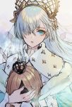  1girl anastasia_(fate) blue_eyes cape doll fate/grand_order fate_(series) fingernails hair_over_one_eye highres long_hair march_ab silver_hair solo twitter_username visible_air 