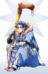  1boy blue_hair bracelet capelet cu_chulainn_(fate)_(all) cu_chulainn_(fate/grand_order) earrings fate/grand_order fate_(series) fur-trimmed_hood fur_trim ginkun greaves grin holding holding_staff hood hood_down hooded_capelet jewelry long_hair male_focus open_toe_shoes pants red_eyes ring sitting smile solo spiked_hair staff toes type-moon vambraces wooden_staff 