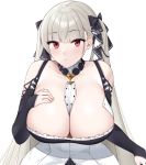  1girl azur_lane bangs bare_shoulders between_breasts black_dress black_sleeves blunt_bangs blush breasts cleavage closed_mouth collarbone commentary cowboy_shot dada_(dadada_20) detached_collar detached_sleeves dress eyebrows_visible_through_hair formidable_(azur_lane) frilled_dress frills grey_hair hair_ribbon hand_on_own_chest highres huge_breasts leaning_forward long_hair looking_at_viewer neckwear_between_breasts red_eyes ribbon shadow sidelocks simple_background sleeveless sleeveless_dress sleeves_past_wrists solo standing twintails two-tone_dress two-tone_ribbon very_long_hair white_background 