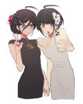  2girls ahoge alternate_costume bangs bare_shoulders black_dress black_eyes black_hair breasts brown_hair cellphone chinese_clothes commentary_request cropped_legs danganronpa_(series) danganronpa_another_episode:_ultra_despair_girls dress flower foreshortening fukawa_touko glasses grey_background hair_between_eyes hair_flower hair_ornament holding holding_hands holding_phone looking_at_viewer mole mole_under_mouth multiple_girls nabu_(d4ng4nn6bu12) naegi_komaru official_alternate_costume open_mouth phone red_flower round_eyewear self_shot short_hair simple_background sketch small_breasts smile spider_lily upper_teeth v 