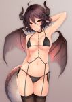  1girl ahoge arm_behind_back arm_behind_head arm_up bikini black_legwear blush breasts chain commentary_request dragon_horns dragon_tail dragon_wings garter_belt grea_(shingeki_no_bahamut) hair_between_eyes harino646 highres horns large_breasts legs_together looking_at_viewer navel o-ring pointy_ears purple_hair red_eyes shingeki_no_bahamut short_hair side-tie_bikini simple_background solo standing swimsuit tail thigh_gap wings 