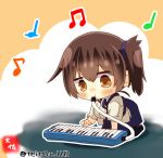  1girl accordion artist_logo artist_name beamed_eighth_notes black_legwear blue_hakama blush brown_eyes brown_hair eighth_note eyebrows_visible_through_hair hair_between_eyes hakama hakama_skirt instrument japanese_clothes kaga_(kantai_collection) kantai_collection keyboard_(instrument) long_hair melodica music musical_note playing_instrument quarter_note side_ponytail solo taisa_(kari) tasuki thighhighs twitter_username 