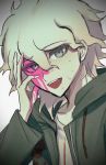  1boy :d aji_kosugi bangs blood blood_on_face bloody_hands blush collarbone commentary_request danganronpa_(series) danganronpa_2:_goodbye_despair eyebrows_visible_through_hair green_eyes green_jacket grey_background grey_eyes grey_shirt hand_up highres hood hooded_jacket jacket komaeda_nagito limited_palette long_sleeves looking_at_viewer male_focus open_clothes open_jacket open_mouth pink_blood print_shirt shirt short_hair simple_background smile solo sweat upper_body upper_teeth 