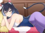  1girl absurdres animal_ear_fluff animal_ears ass bangs bare_arms bare_shoulders black_hair blush breasts cat_ears cat_tail closed_mouth commentary_request green_eyes highres karyl_(princess_connect!) long_hair looking_at_viewer lying multicolored_hair on_bed on_side pillow princess_connect! princess_connect!_re:dive purple_skirt skirt sleeveless smile solo streaked_hair tail tail_raised white_hair xubai 