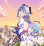  1girl :o backless_outfit bare_shoulders bell blush bow breasts cloud cloudy_sky cowbell detached_sleeves flower ganyu_(genshin_impact) genshin_impact goat_horns grass hair_bow highres horns kinodesu-0815 long_sleeves looking_at_viewer mountain open_mouth purple_eyes sideboob sitting sky solo sunset 