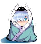  1girl anastasia_(fate) blue_eyes blush cape chibi cold fate/grand_order fate_(series) hair_over_one_eye lowres on_head silver_hair trembling visible_air viy white_background wrapped_up 