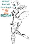  anthro anthrofied arthropod blue_blush blush breasts butt changeling clothed clothing dialogue embarrassed english_text female friendship_is_magic hasbro hi_res jrvanesbroek legwear looking_back monochrome my_little_pony ocellus_(mlp) restricted_palette side_boob skinny slim solo stockings text thigh_highs 