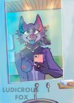  absurd_res anthro bathroom blue_eyes breasts canid canine claws collar cross-eyed digital_media_(artwork) faucet female fur hi_res inside ludicrousfox mammal mirror mirror_selfie nipples phone selfie sink soap solo tongue tongue_out tuft 