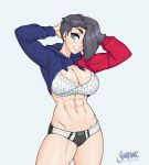  1girl abs alex_moon_(shardanic) arms_behind_head asymmetrical_hair blue_eyes boxer-chan breasts cropped_hoodie drawstring edie_crop_hoodie facing_viewer grey_background grey_hair gym_shorts hair_over_one_eye hood hood_down hoodie large_breasts meme_attire midriff mixed_martial_arts multicolored multicolored_clothes muscular muscular_female navel pinup_(style) shardanic short_hair shorts smile solo sports_bra standing thick_eyebrows thick_thighs thighs undercut white_sports_bra 
