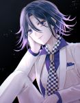  1boy artist_name bangs black_background black_hair breast_pocket checkered checkered_neckwear cheek_rest collared_shirt commentary_request danganronpa_(series) danganronpa_v3:_killing_harmony gradient gradient_background hair_between_eyes hand_on_own_cheek hand_on_own_face jacket knee_up long_sleeves looking_at_viewer male_focus multicolored_hair necktie official_alternate_costume ouma_kokichi pants pocket purple_eyes purple_hair purple_shirt sakuyu shiny shiny_hair shirt short_hair smile solo two-tone_hair vest white_jacket white_pants white_vest 
