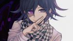  1boy aji_kosugi bangs black_background black_hair checkered checkered_neckwear checkered_scarf commentary_request danganronpa_(series) danganronpa_v3:_killing_harmony face finger_to_cheek glowing glowing_eye grey_jacket hair_between_eyes highres huge_filesize index_finger_raised jacket long_sleeves looking_at_viewer male_focus multicolored_hair ouma_kokichi purple_background purple_eyes purple_hair scarf short_hair smile solo straitjacket two-tone_hair upper_body white_background 